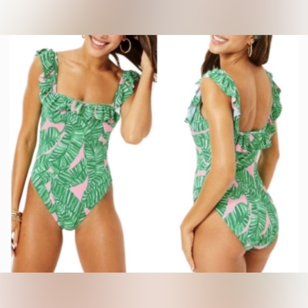 Lilly Pulitzer Green Palm Leaf One-Piece Swimsuit with Pink Accents